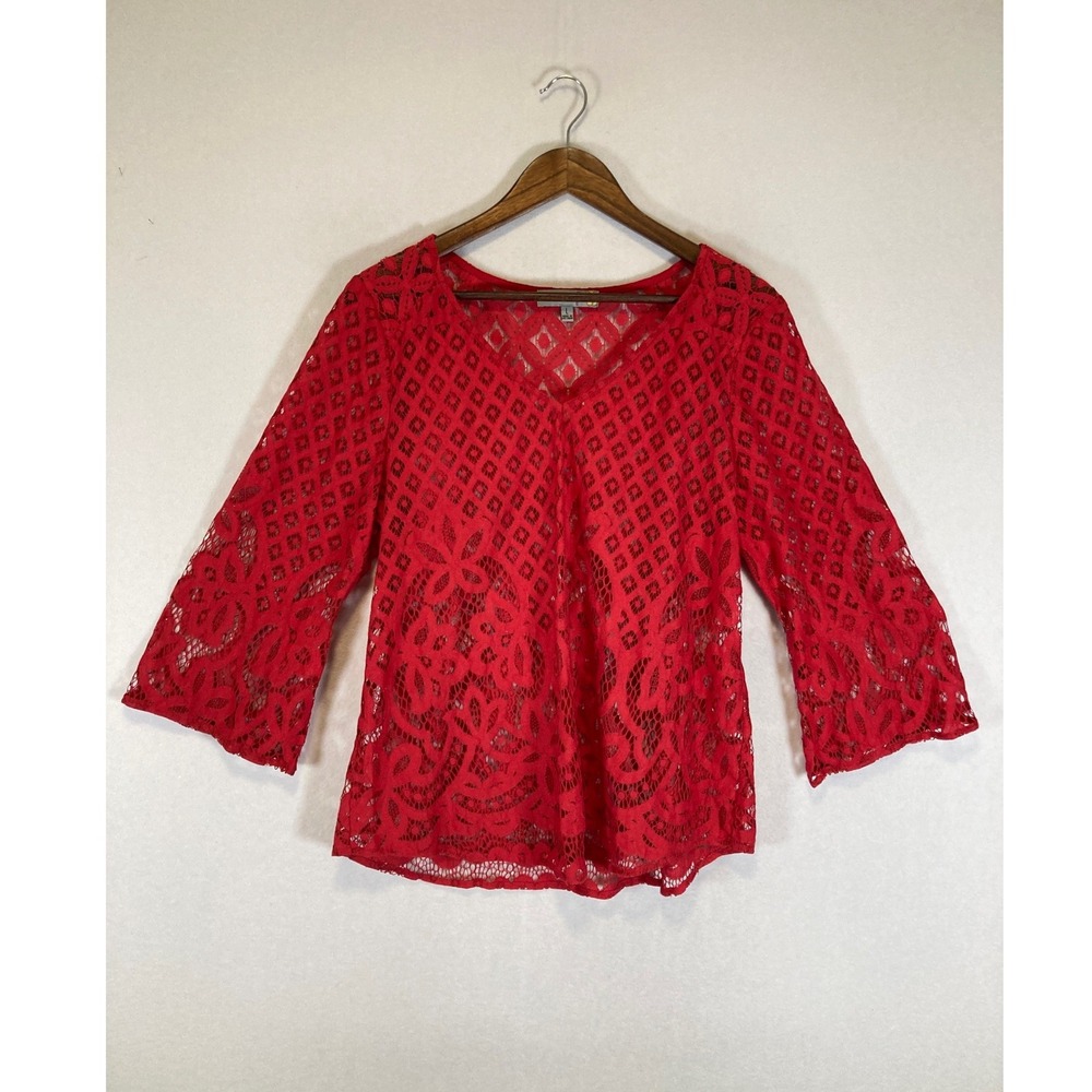 Boho Romantic Figueroa & Flower Women LG Red Lace V-Neck 3/4 Bell Sleeve Blouse